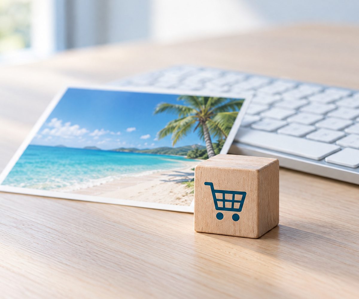 Schreibtisch mit Strand-Postkarte, Tastatur und Holzwürfel mit Warenkorb-Symbol